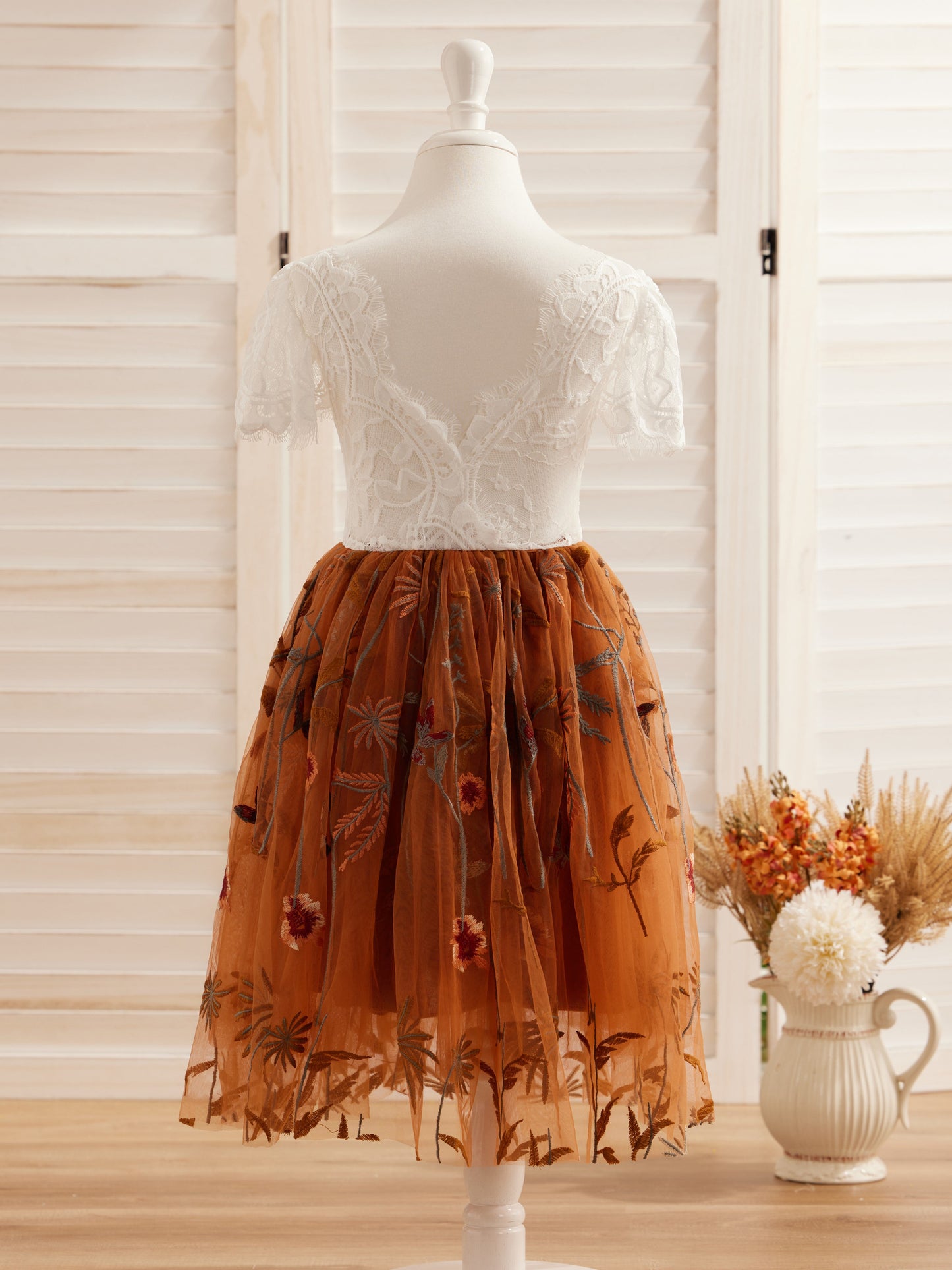 Burnt Orange White Lace Tulle Embroidered Knee Length Flower Girl Dress
