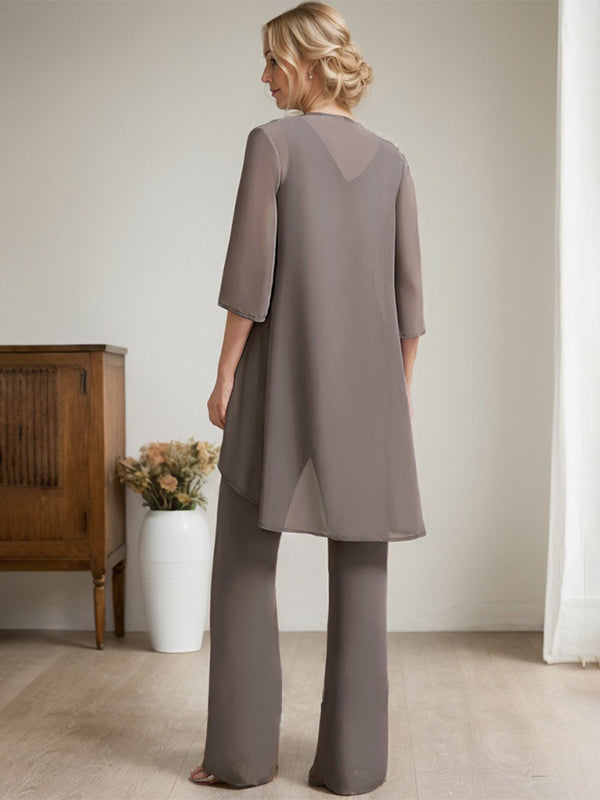 Separates Jumpsuit/Hosenanzug, U-Ausschnitt, bodenlanges Chiffon-Spitzenkleid für die Brautmutter mit Perlen und Pailletten