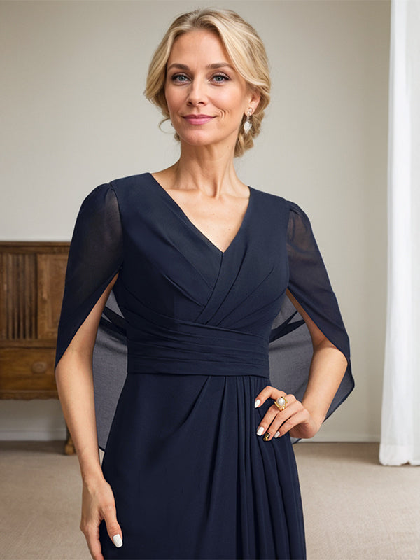Dark Navy A-Line V-Neck Long Mother of Bride Dress