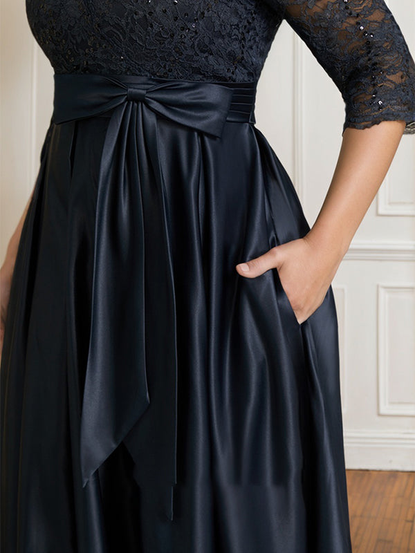 A-Linie V-Ausschnitt Bodenlanges Satin-Spitzenkleid für die Brautmutter mit Paillettenschleife