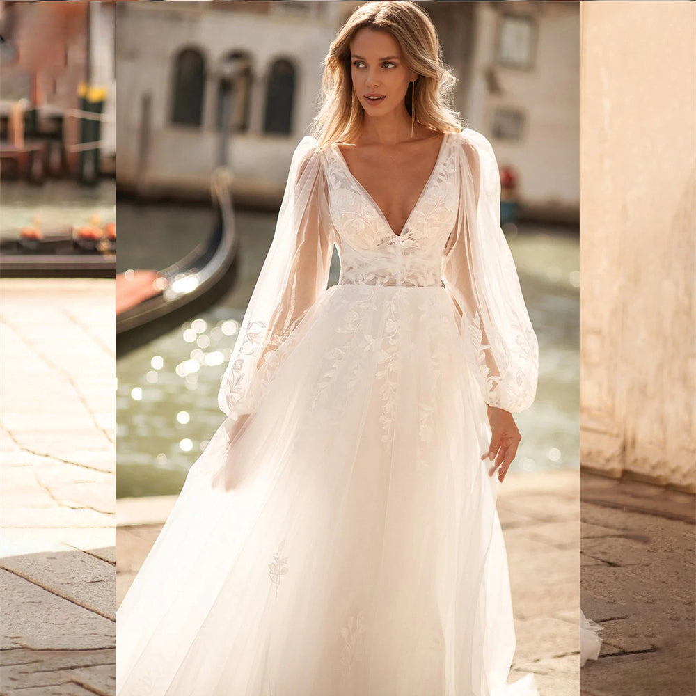 Sexy V Neck Lace Wedding Dresses 2024 Simple Long Puff Sleeves Bride Gowns Appliques Backless Robe De Marié Custom Made-payinti
