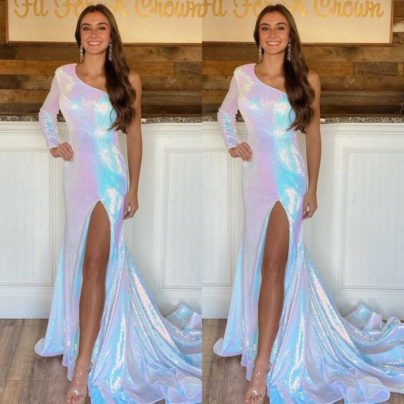 Atemberaubendes Meerjungfrau-Ballkleid mit einer Schulter und langen Ärmeln