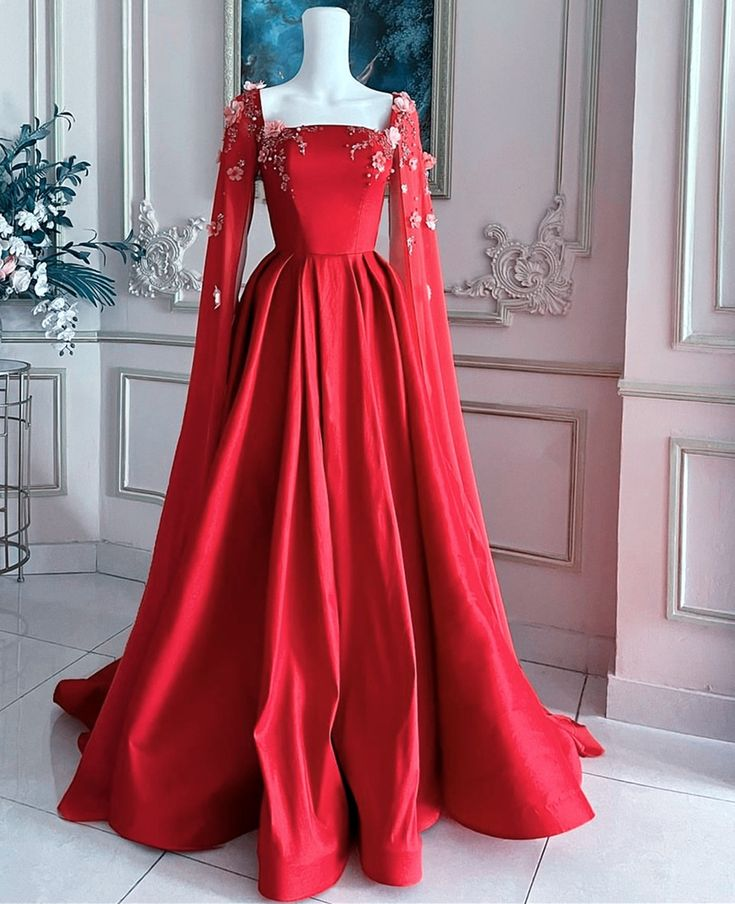 Wunderschönes rotes Ballkleid mit Satin-Applikationen, formelles A-Linien-Party-Abendkleid mit Cape Y7593