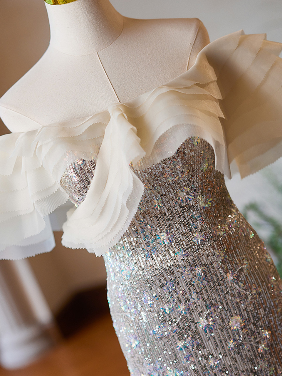 Luxus Silber Meerjungfrau Pailletten Perlen Ballkleid Formales Abendkleid Y7614