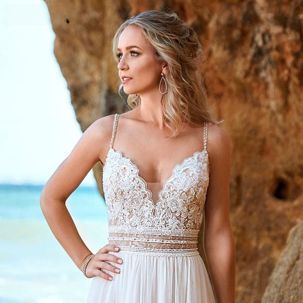 Simple Backless Chiffon V-Neck Bohemian Wedding Dress for Bride Lace Applique Sleeveless Beach Bridal Gown Robe De Mariée-payinti