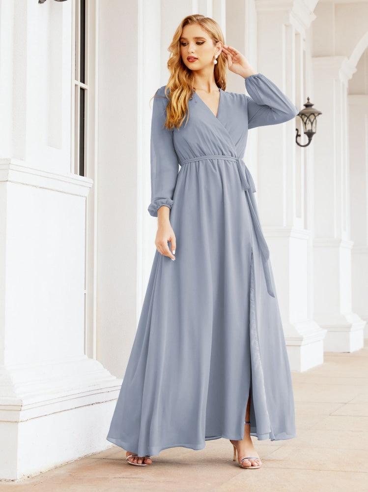 Sunnderly Women's Chiffon Bridesmaid Dress A line Long Sleeves Formal Evening Prom Gown for Wedding Guest SY28032