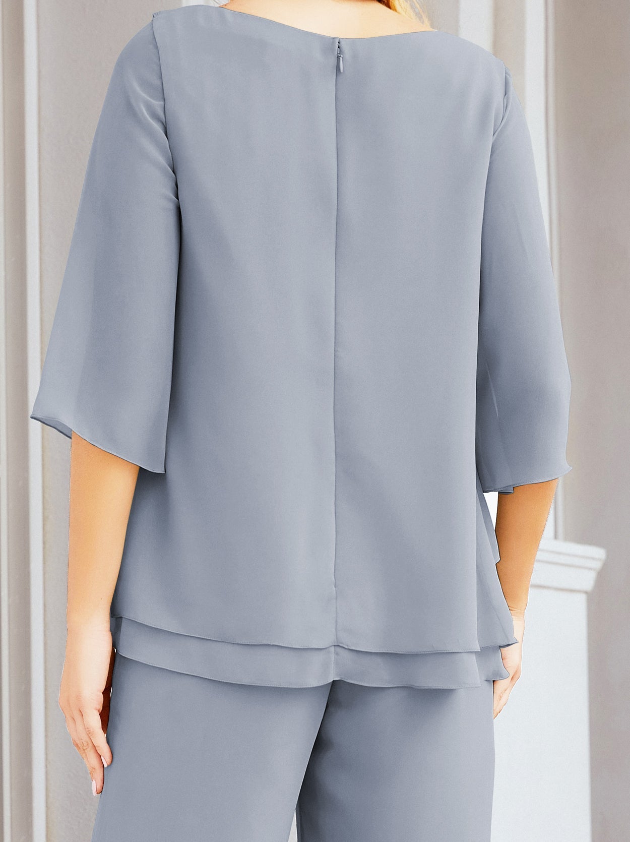 Sunnderly Elegant 2 Piece Mother of The Bride Dress Plus Size Pant Suits Ruffle Layers Sliver Housecoat SY28064