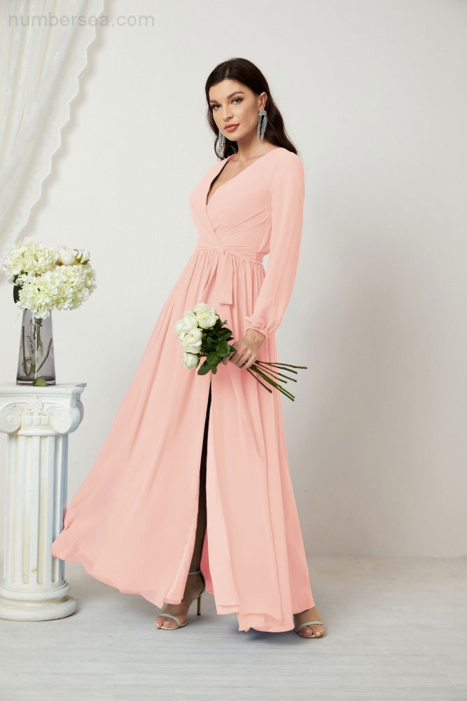 Sunnderly Evening Dresses Deep V-Neck Chiffon Bridesmaid Dresses Long Bishop Sleeve Side Split Formal Dress SY2806