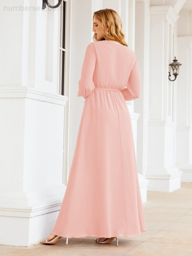 Sunnderly Damen Chiffon Brautjungfernkleid A-Linie Lange Ärmel Formales Abendkleid Ballkleid für Hochzeitsgäste SY28032