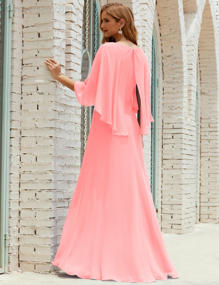 Vestido de dama de honor Sunnderly para mujer, de gasa, manga larga y cuello en V, vestido formal para boda o fiesta SY28018