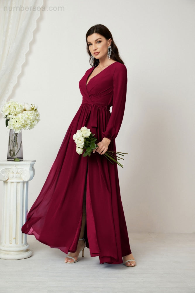 Sunnderly Abendkleider, tiefer V-Ausschnitt, Chiffon, Brautjungfernkleider, lange Bischofsärmel, seitlicher Schlitz, formelles Kleid, SY2806