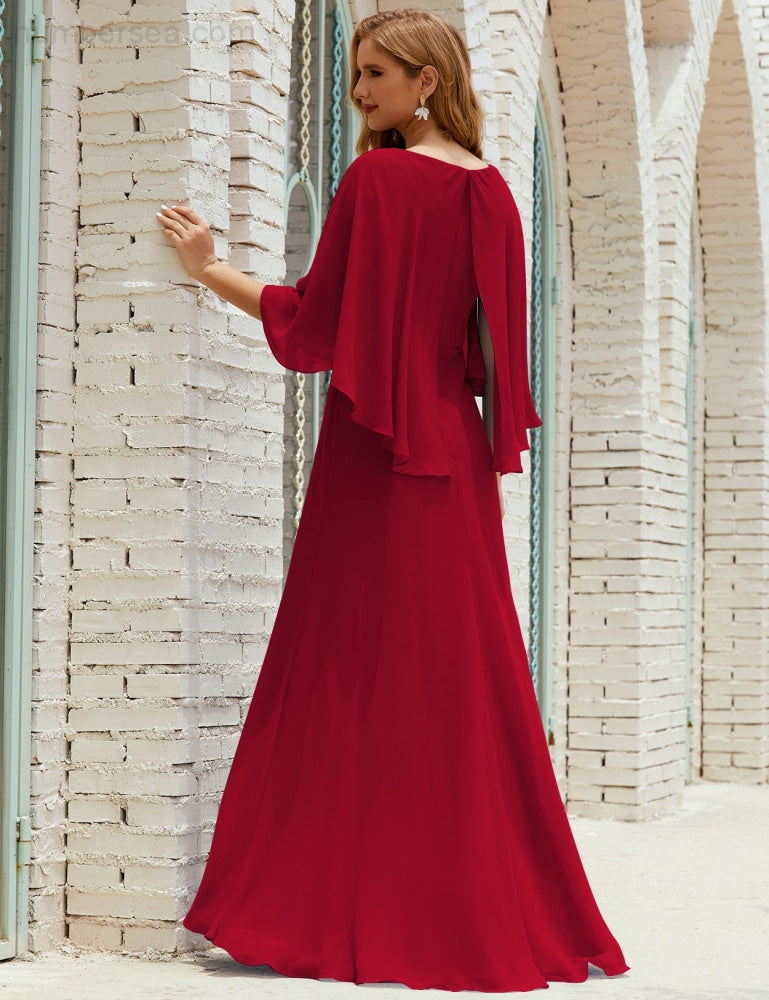 Vestido de dama de honor Sunnderly para mujer, de gasa, manga larga y cuello en V, vestido formal para boda o fiesta SY28018
