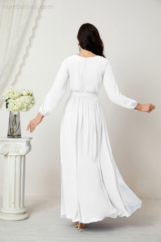 Sunnderly Evening Dresses Deep V-Neck Chiffon Bridesmaid Dresses Long Bishop Sleeve Side Split Formal Dress SY2806