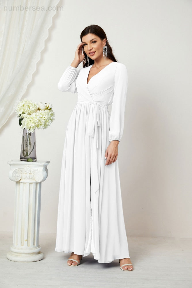 Sunnderly Evening Dresses Deep V-Neck Chiffon Bridesmaid Dresses Long Bishop Sleeve Side Split Formal Dress SY2806