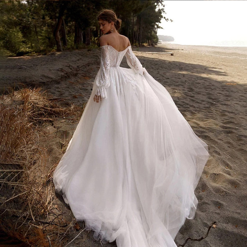 Off The Shoulder Wedding Dress Lace Applique Sweetheart Bridal Gown Puff Long Sleeves свадебное платье Vestido De Novia-payinti