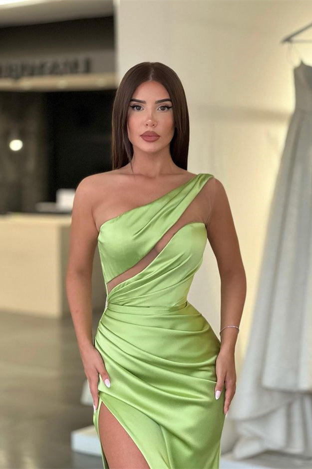 Elegantes hellgrünes ärmelloses Ballkleid mit One-Shoulder-Träger und langem Schlitz