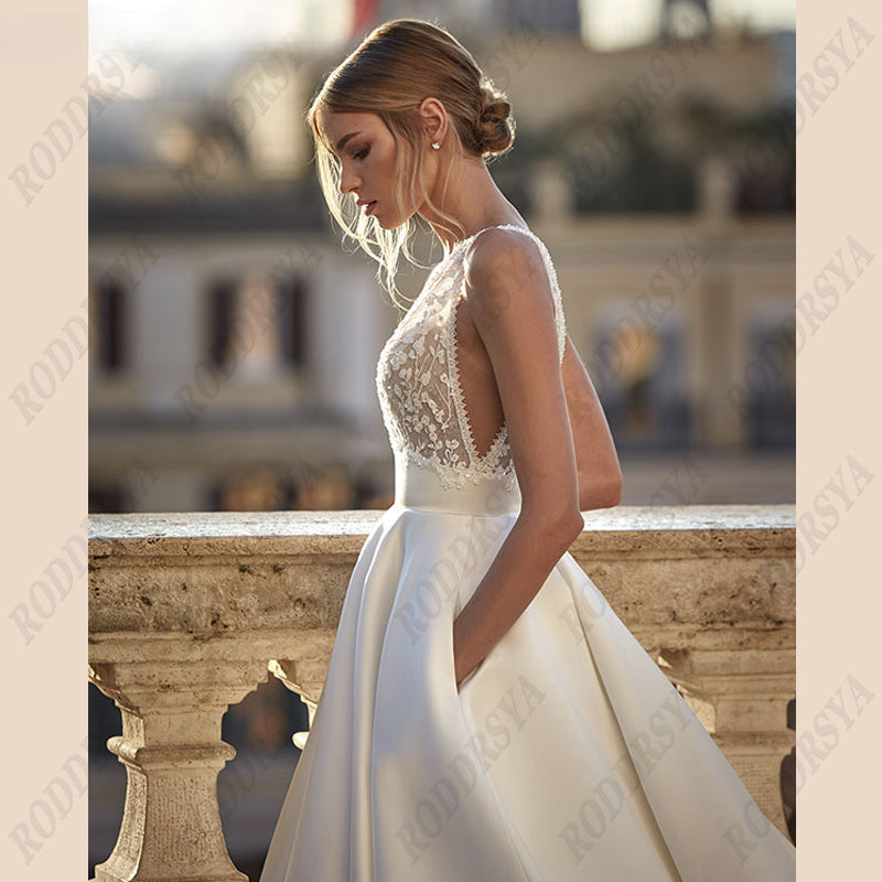Soft Satin V-Neck Wedding Dresses For Women A-Line Backless Bridal Gowns Sleeveless Insertable Pocket Robe De Mariée-payinti
