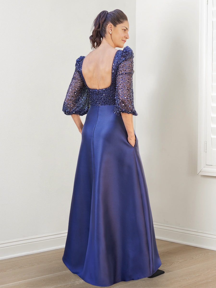 Vestidos de madre de la novia con escote cuadrado, corte princesa/A, lentejuelas y bolsillos