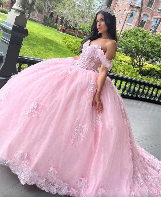 Rosa Tüll Sweet 16 Ballkleid Applikationen Ballkleid Quinceanera Kleid Y7475