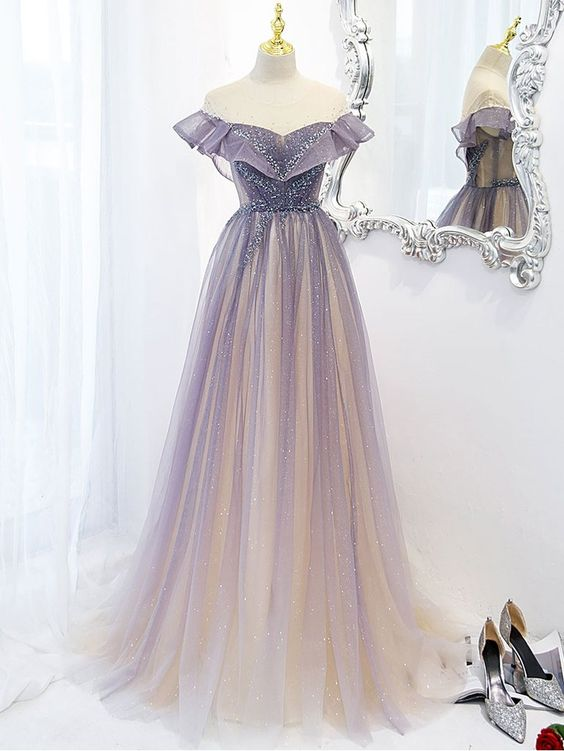 Vestidos de fiesta morados de corte A para mujer, vestidos de noche largos de tul Y5838