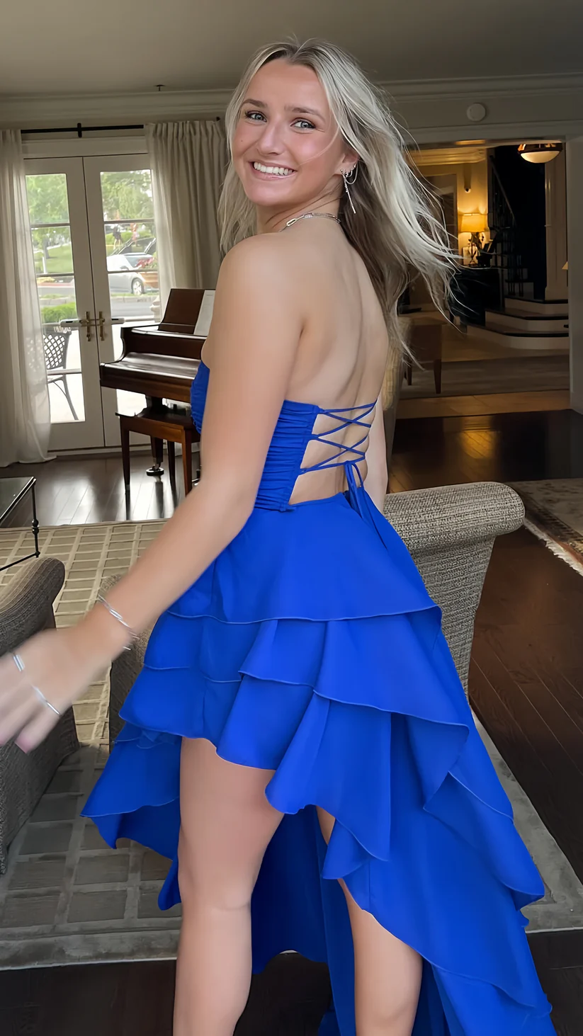 Sexy Königsblau Langes Ballkleid Trägerlos Rüschen Lagen Party Abendkleid Y8026