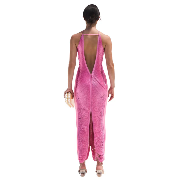 Vestido de fiesta largo de sirena con cuello halter rosa, vestido de noche formal Y8477