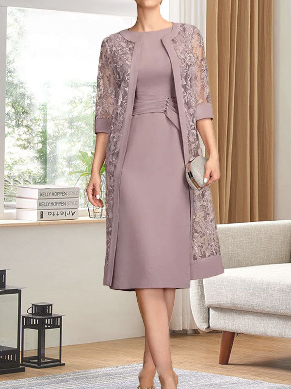 Sheath/Column Scoop Knee-Length Chiffon Mother of the Bride Dress With Pleated Sequins