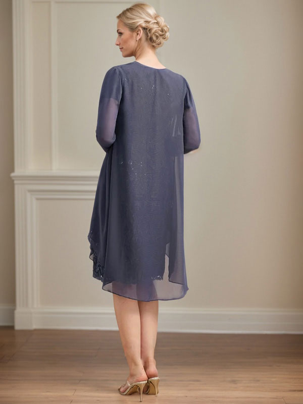 Sheath/Column Scoop Illusion Knee-Length Lace Chiffon Mother of the Bride Dress With Cascading Ruffles Sequins