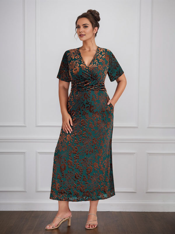 Vestido vintage liso de terciopelo con escote en V y mangas cortas, largo hasta la rodilla, para madre de la novia con abertura