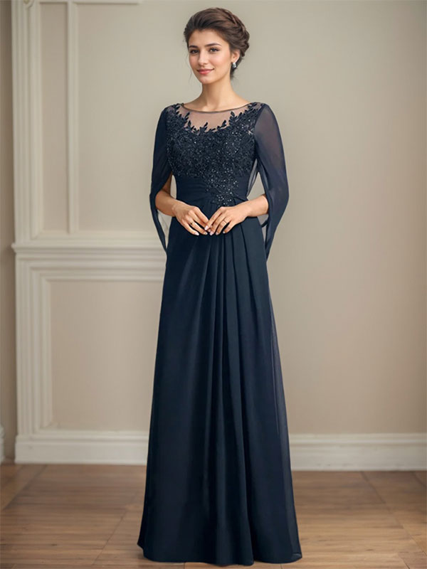Vestidos de madre de la novia de corte A/princesa, largo hasta el suelo, con escote redondo, plisados y lentejuelas