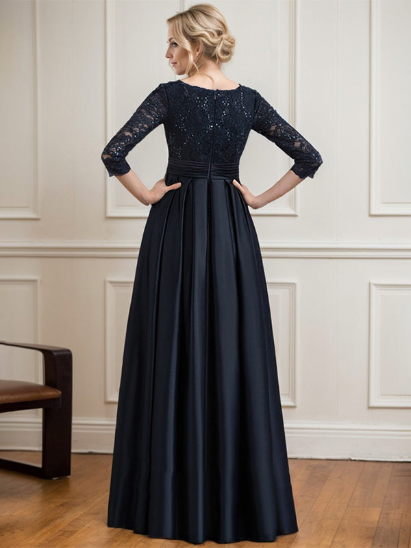 A-Linie V-Ausschnitt Bodenlanges Satin-Spitzenkleid für die Brautmutter mit Paillettenschleife