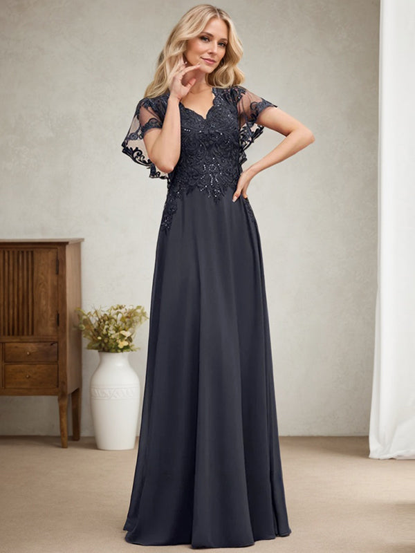 A-Linie V-Ausschnitt Bodenlanges Spitzenchiffonkleid für die Brautmutter mit Pailletten