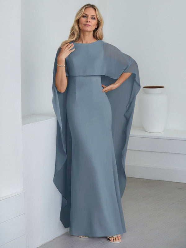 Bodenlanges Etui-Kleid aus Chiffon mit U-Ausschnitt und kaskadierenden Rüschen