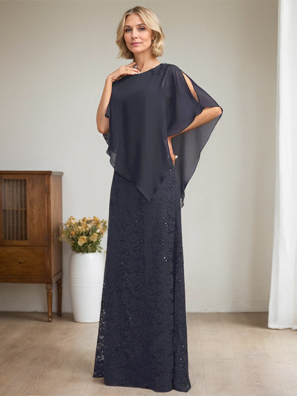 Etui-Linie U-Ausschnitt Bodenlang Chiffon Spitze Kleid für die Brautmutter mit Pailletten Perlenbesatz