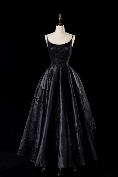 Sexy Satin Spaghettiträger Schwarzes Brautkleid A-Linie Party Abendkleid Formales Ballkleid Y7545