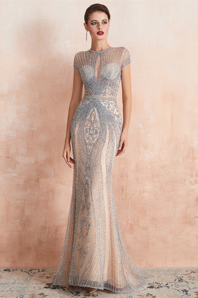 Glamouröses langes Ballkleid im Meerjungfrauen-Stil mit Perlen und kurzen Ärmeln