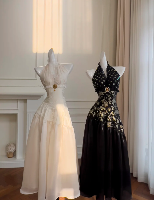 Elegante vestido de noche negro con cuello halter, estampado floral y lentejuelas, vestido de fiesta largo en línea A Y8568