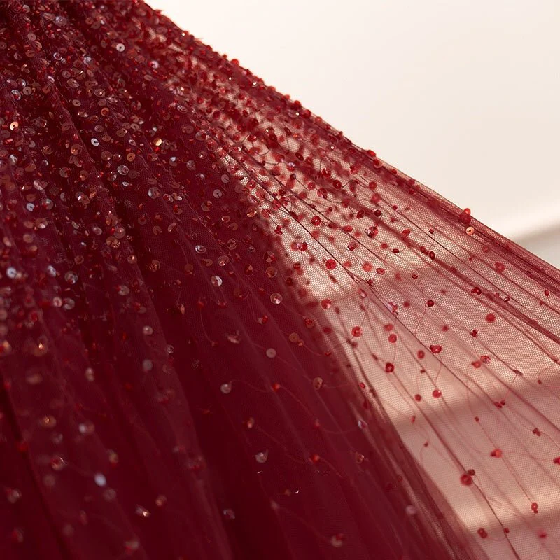 Gothic Burgund Spaghettiträger Pailletten Perlen Formales Ballkleid Tüll Party Abendkleid Y7586