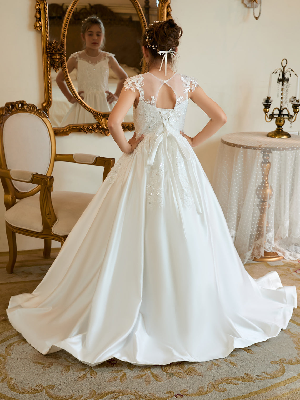 Vestido de gala/princesa de satén con cola larga para primera comunión de niña de las flores