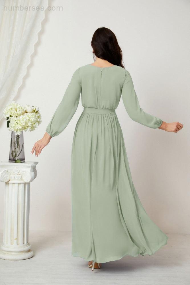Sunnderly Abendkleider, tiefer V-Ausschnitt, Chiffon, Brautjungfernkleider, lange Bischofsärmel, seitlicher Schlitz, formelles Kleid, SY2806
