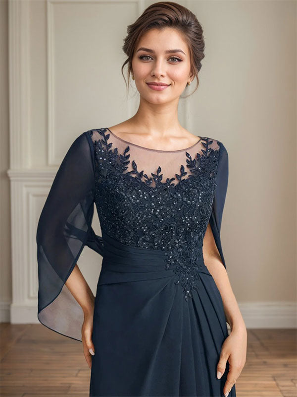 Vestidos de madre de la novia de corte A/princesa, largo hasta el suelo, con escote redondo, plisados y lentejuelas