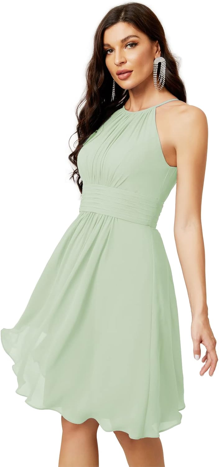 Sunnderly Kurzes Neckholder-Top, Chiffon, Brautjungfernkleid, teelang, A-Linie, formelles Abendkleid, Party, Cocktailkleid, Altrosa