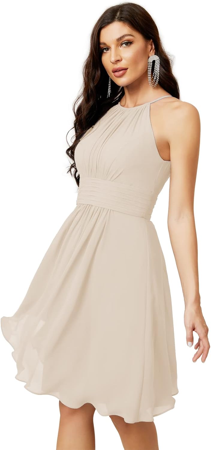 Sunnderly Short Halter Top Chiffon Bridesmaid Dresses Tea Length A Line Formal Evening Party Cocktail Dress Dusty Rose