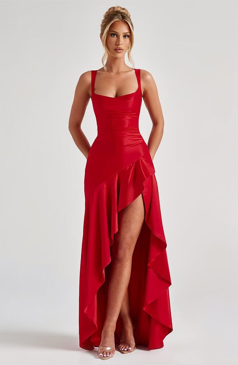 Satin Ruffles Prom Dresses for Teens Hi-Low Aline Cocktail Dresses for Women QA204
