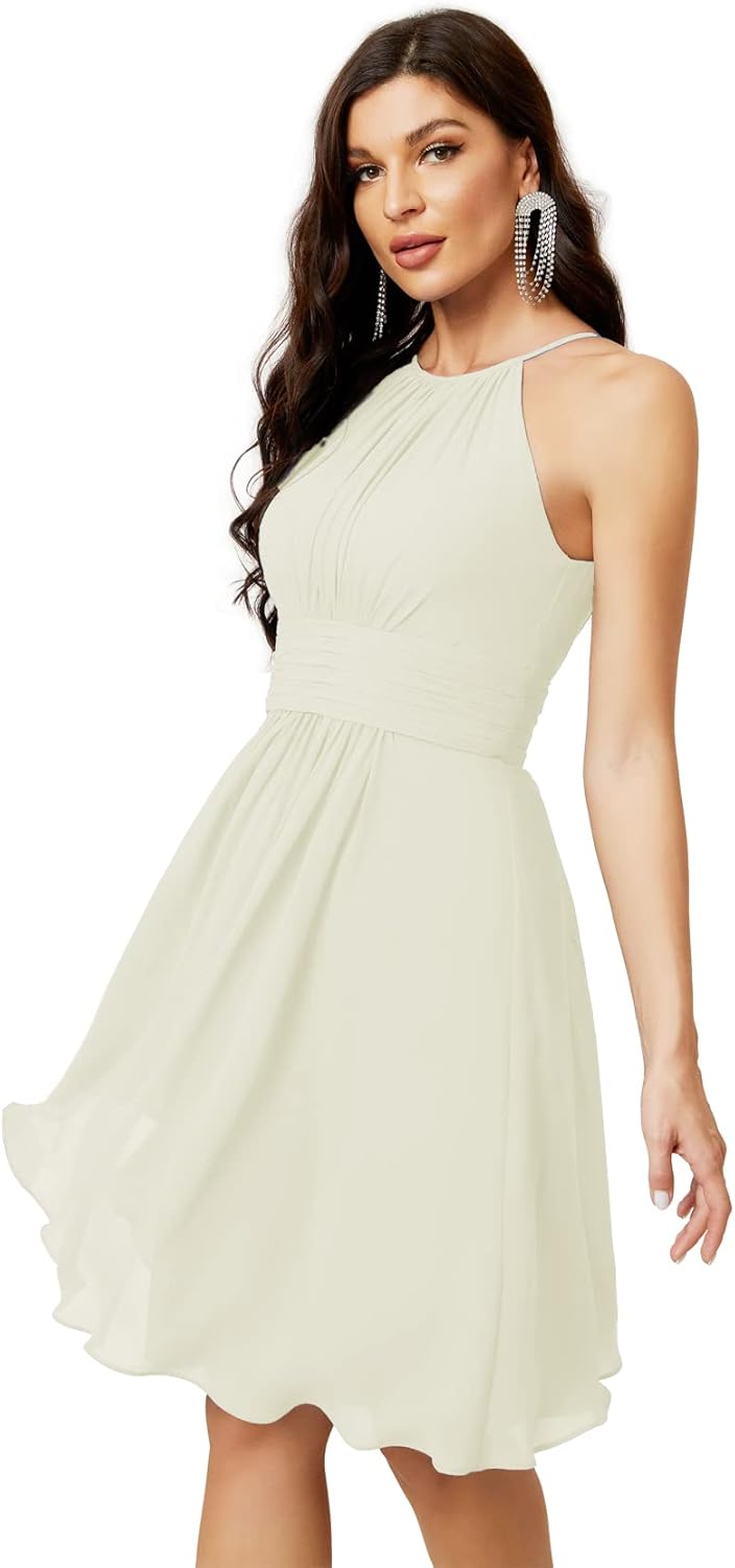 Sunnderly Short Halter Top Chiffon Bridesmaid Dresses Tea Length A Line Formal Evening Party Cocktail Dress Dusty Rose