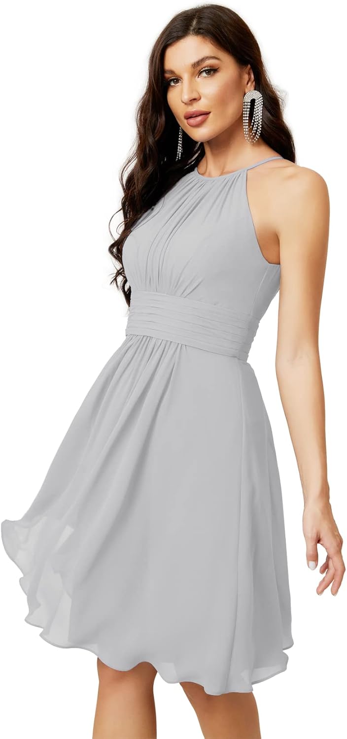 Sunnderly Short Halter Top Chiffon Bridesmaid Dresses Tea Length A Line Formal Evening Party Cocktail Dress Dusty Rose
