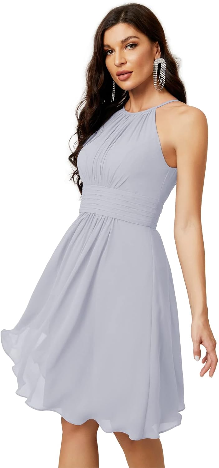 Sunnderly Short Halter Top Chiffon Bridesmaid Dresses Tea Length A Line Formal Evening Party Cocktail Dress Dusty Rose