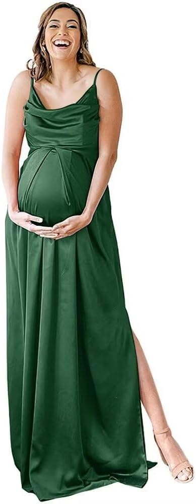 Spaghettiträger Umstandskleid Brautjungfernkleid für Fotoshooting Langes Satin Beinschlitz Schwangeres Abschlussball Partykleid