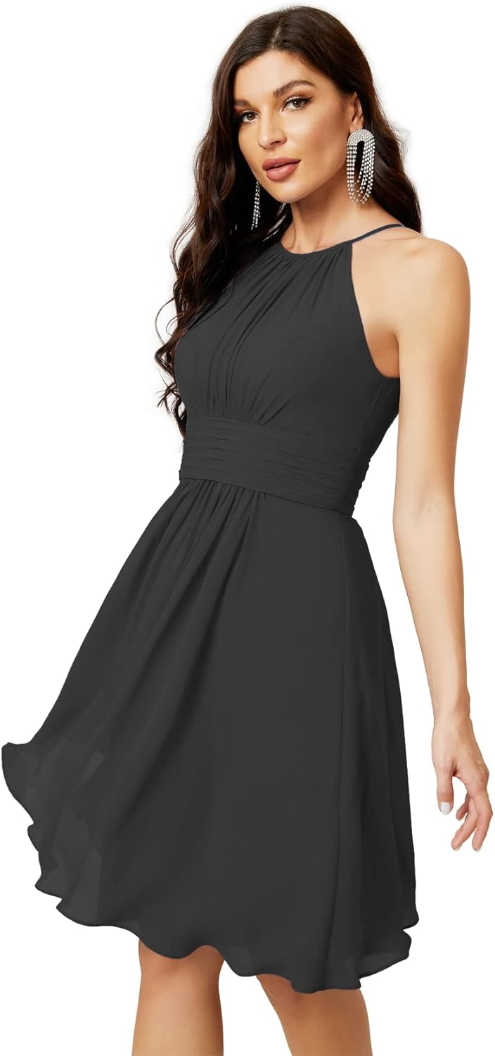 Sunnderly Short Halter Top Chiffon Bridesmaid Dresses Tea Length A Line Formal Evening Party Cocktail Dress Dusty Rose
