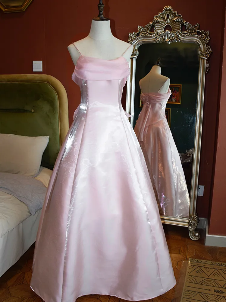 Rosa schimmerndes Satin Spaghettiträger Ballkleid Fee A Linie Prinzessinnenkleid Abendkleid Y7555